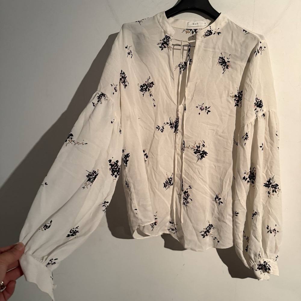 A.L.C Silk Top Size 6 Floral Tie Long Sleeve Boho Lantern Sleeve Mandarin Collar